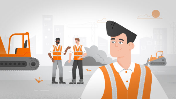 Illustratie uit de animatievideo van Ritchie Bros. Hierop worden bouwvakkers met oranje veiligheidshesjes afgebeeld, met graafmachines op de achtergrond.